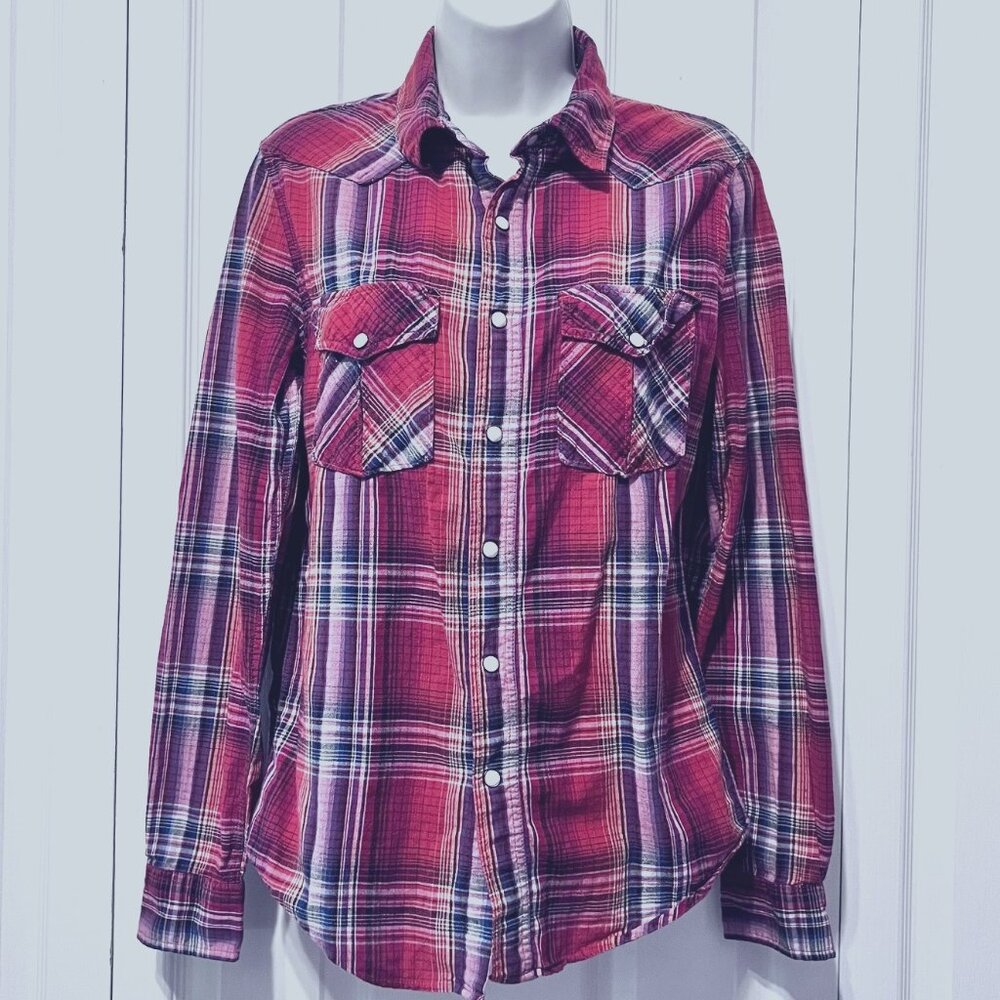 44mm legendary Goods-Cowgirl/Western Long Sleeve Red Plaid Pearl Snap Button Up
